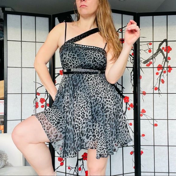 Bebe Silk High Waist Hi-Lo Leopard A-line Studs Bugles Beads Studs Gray Dress S - Picture 10 of 17